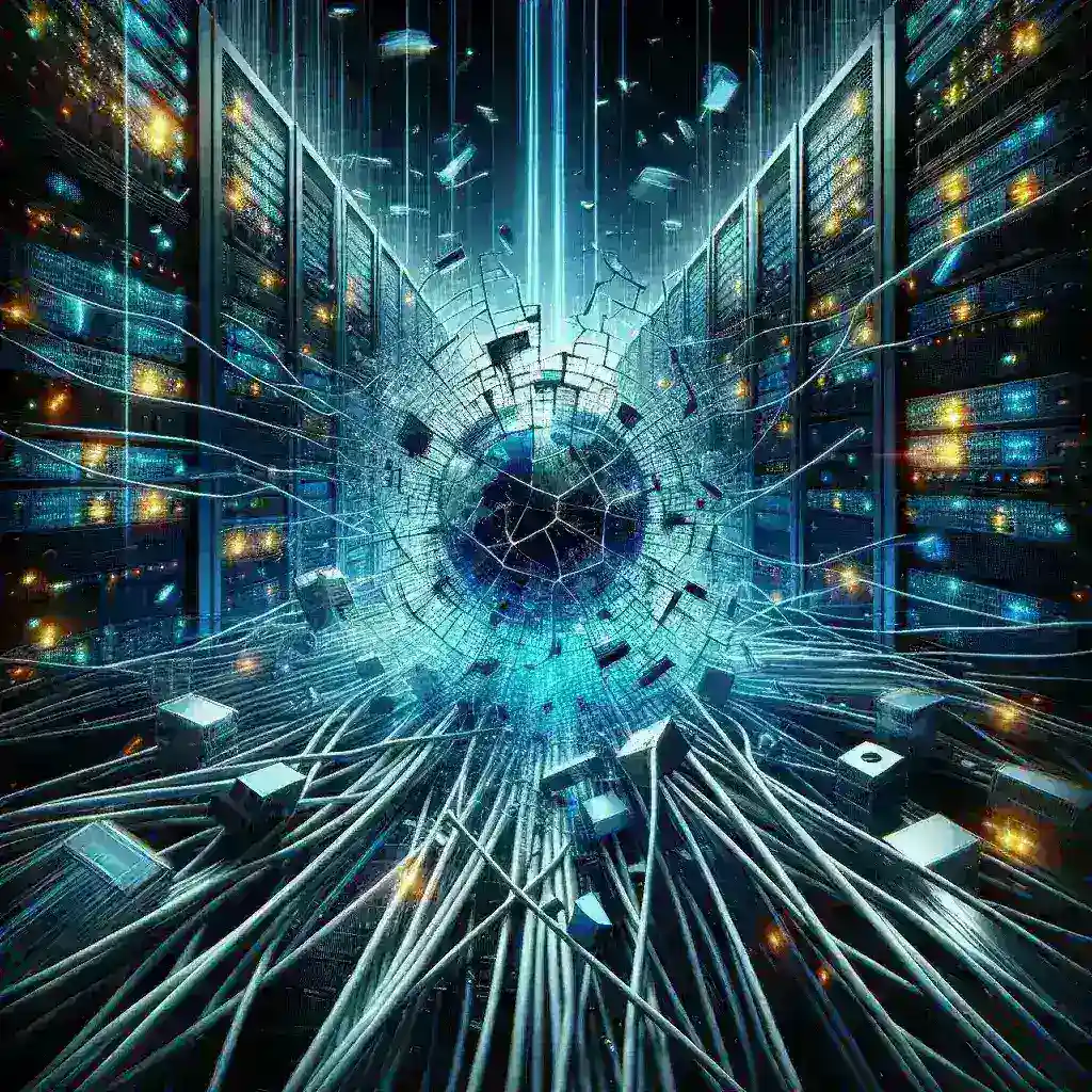 "Graphic illustrating the concept of internet infrastructure vulnerability, highlighting the potential risks and outages faced by millions of users due to security weaknesses in global networks."